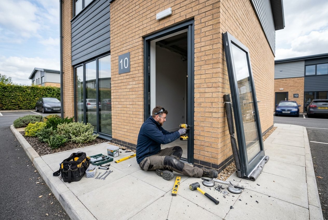 New glazed door being fitted to a small commercial unit