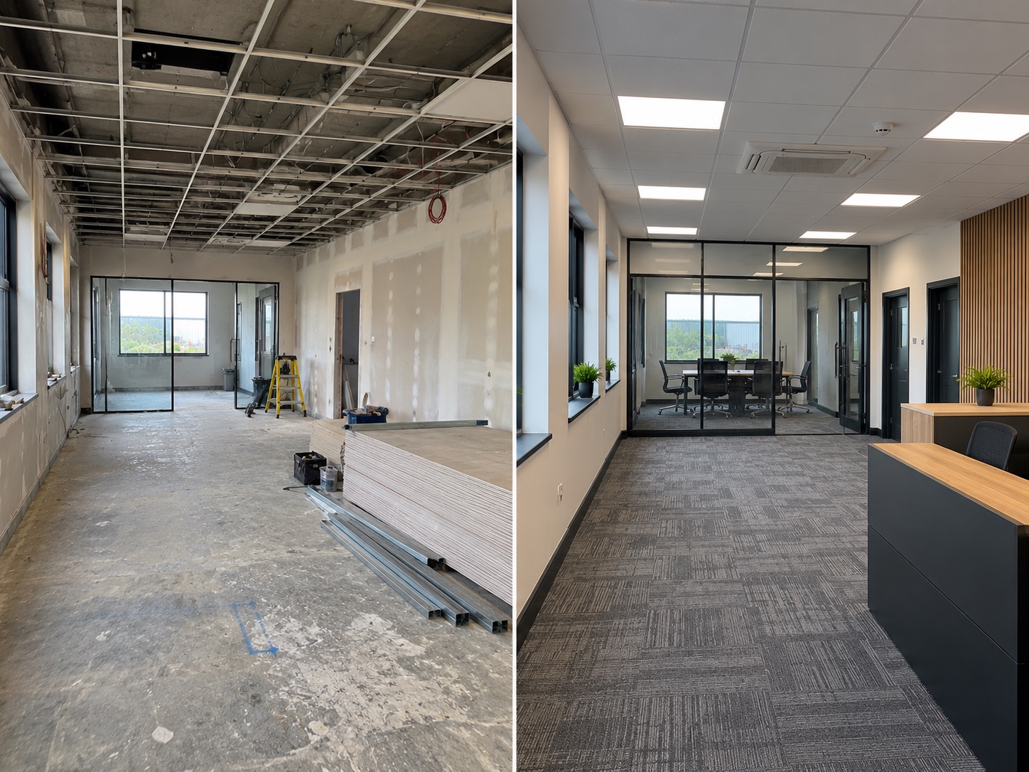 Before and after view of the commercial office refurbishment in Bedford