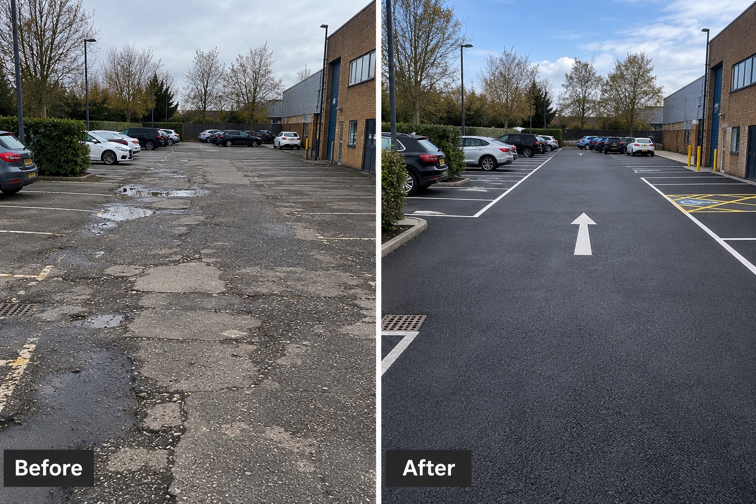 Car park resurfacing before and after