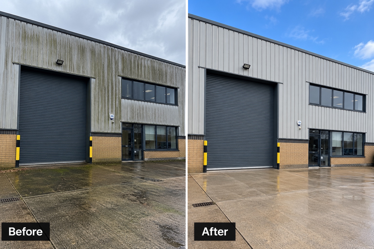 Before and after view of the warehouse cladding and courtyard cleaning in Daventry