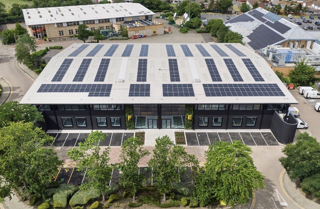 Completed aerial view of the Heathrow West commercial building and roof